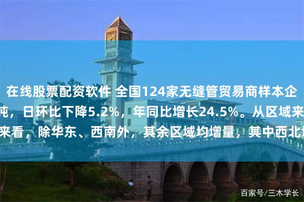 在线股票配资软件 全国124家无缝管贸易商样本企业成交总量为16040吨，日环比下降5.2%，年同比增长24.5%。从区域来看，除华东、西南外，其余区域均增量，其中西北地区增幅最大，为21.7%。